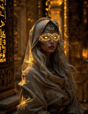 The primary subject of the image is a woman wearing a mask and a long white robe. She is standing in front of a wall with a pattern on it. The setting appears to be a room with a gold-colored background. The visual style of the image is a combination of photo and digital art, creating a unique and intriguing atmosphere. The colors in the image are predominantly gold and white, giving the scene a warm and elegant feel.